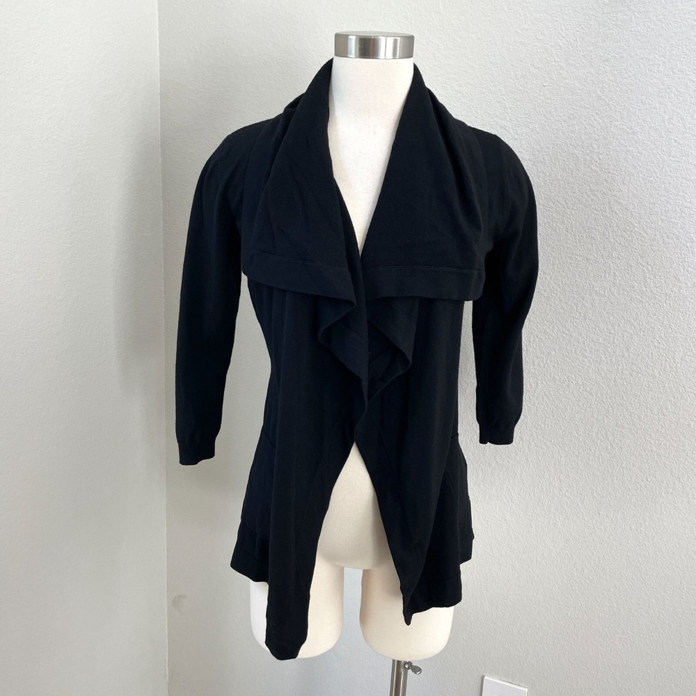 Theory Womens XS Open Front Cardigan Jacket Black Wool Blend Knit 3/4 Sleeve